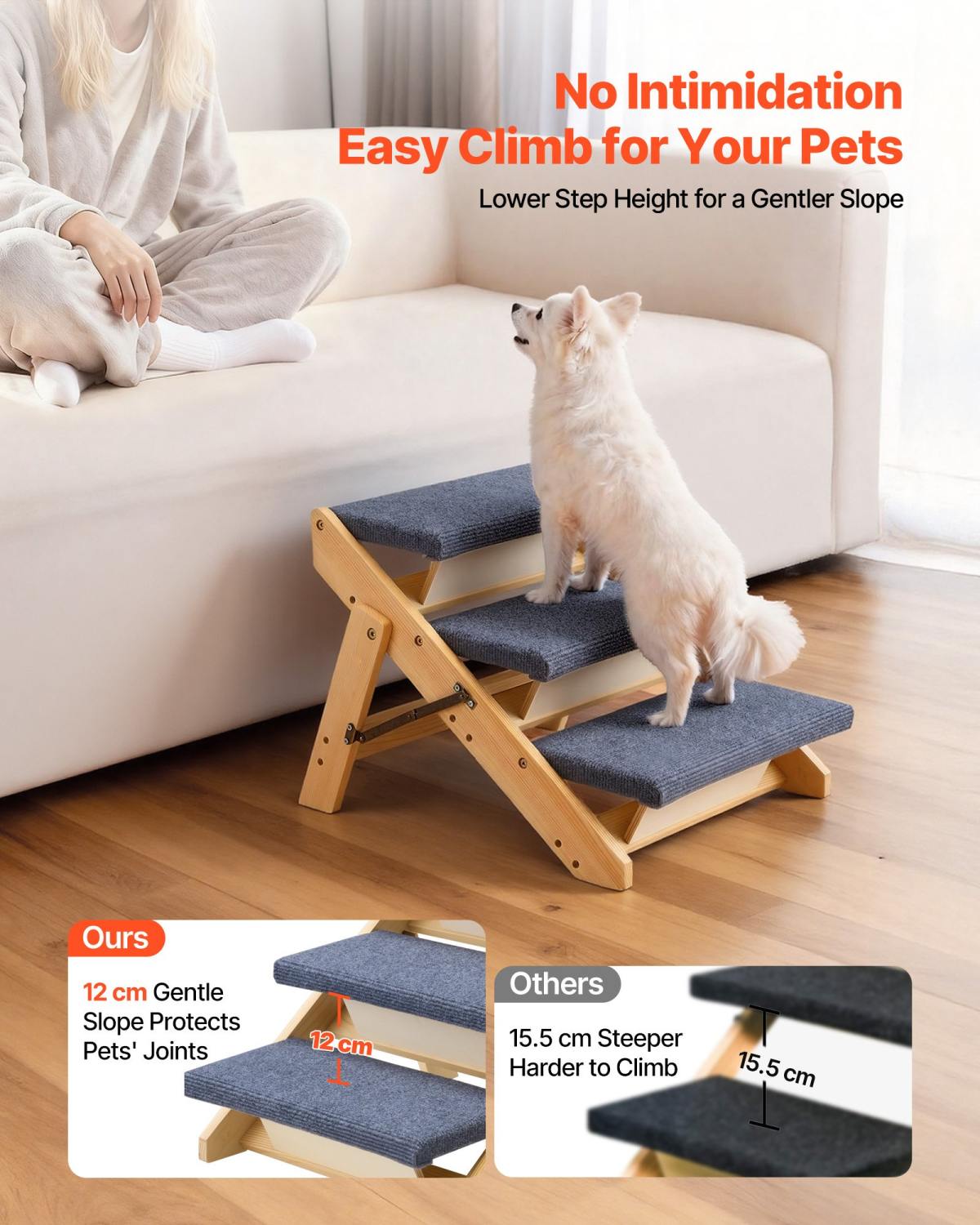 Wood Pet Stairs, 3-Step Dog Stairs For Beds, Sofa & Cars, 150lbs Load Capacity, Floded Flat Design, Stable & Sturdy Cat & Dog Step Ladder For Small Medium Large Older Pet Puppy