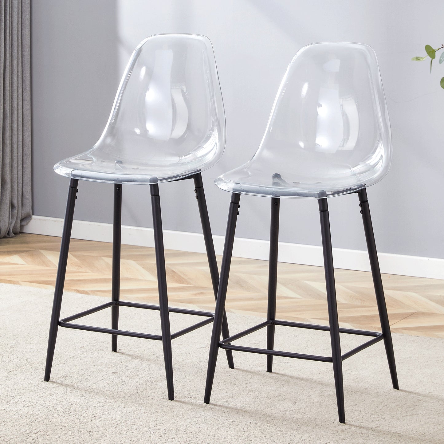 Transparent Bar Stool Set, Pack Of 2, With Metal Frame In Silver Gold Black, Modern Design Chairs For Kitchen, Bar Or Dining Room  Chairs Only, Without Table