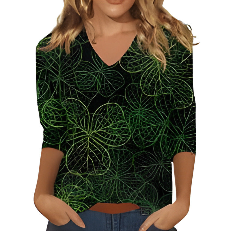 Womens Fashion V-neck Printed Loose-fitting Long-sleeve