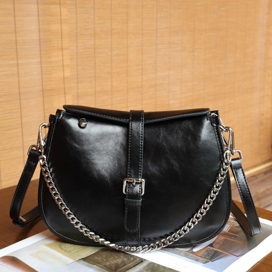 Cross-border Top-layer Genuine Leather Saddle Bag, Versatile And High-end Feeling, Women's Fashion Simple Shoulder Chain Underarm Bag
