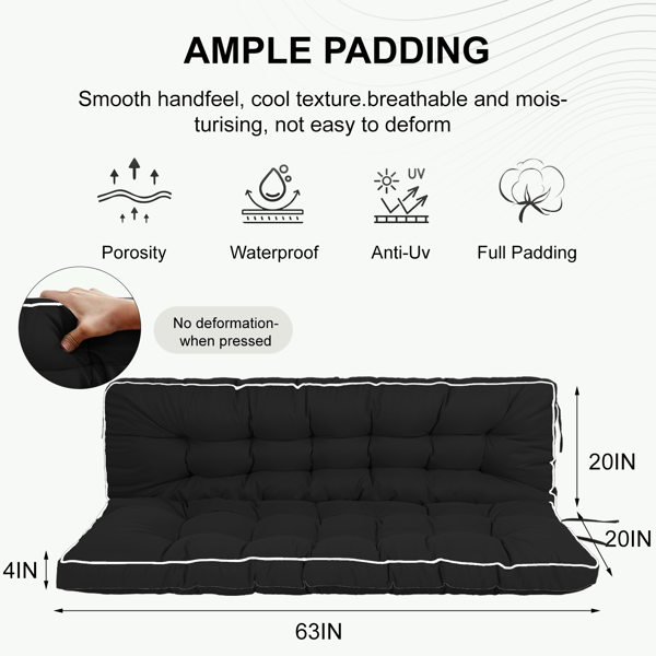 Outdoor Swing Cushions 63 Inch, Waterproof 4in  Thick Porch Swing Cushion Replacement With Backrest And Ties, Comfortable 2-3 Seat Pation Swing Pad For Backyard, Garden, Lawn, Outdoor Furniture-black