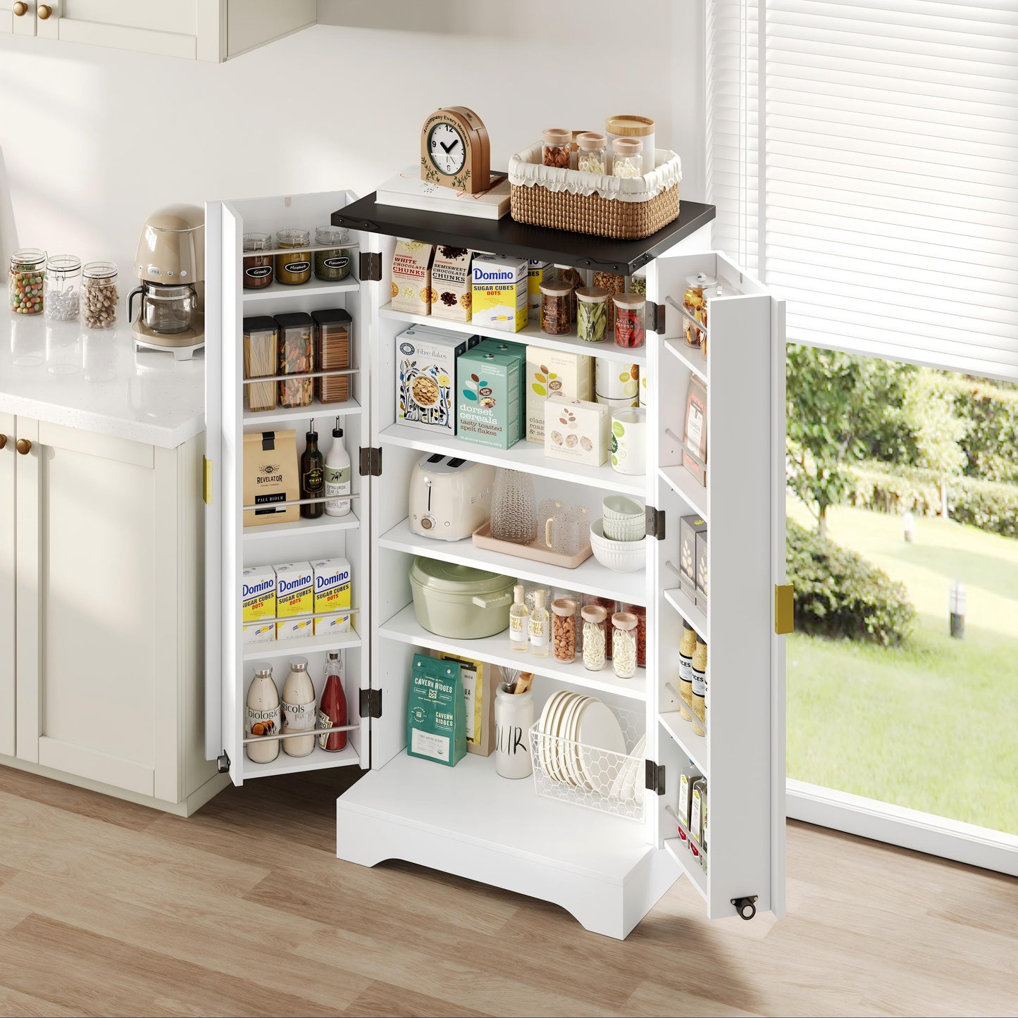 Kitchen Cabinet With LED Sensor Light And Spice Rack, Generous Double Door Cabinet With Adjustable Shelves And Modern Door Design  White, 120 X 60.5 X 40 Cm