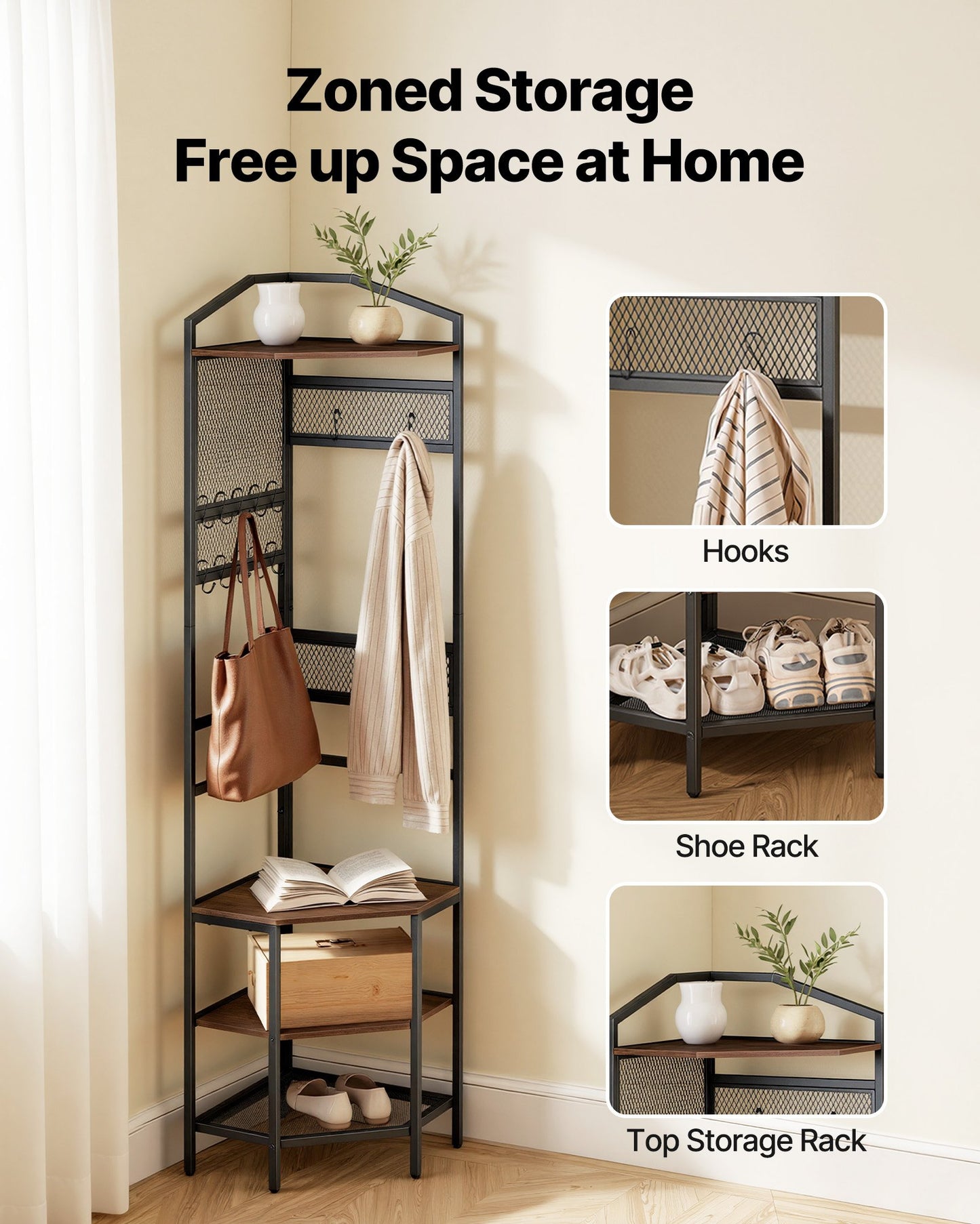 Corner Hall Tree, 71.3 In Coat Rack With Hooks, Top Shelf & Steel Frame, Freestanding Clothes Shoes Rack Storage Organizer With Anti-Tip Set, Adjustable Non-Slip Feet For Entrance Closet Office