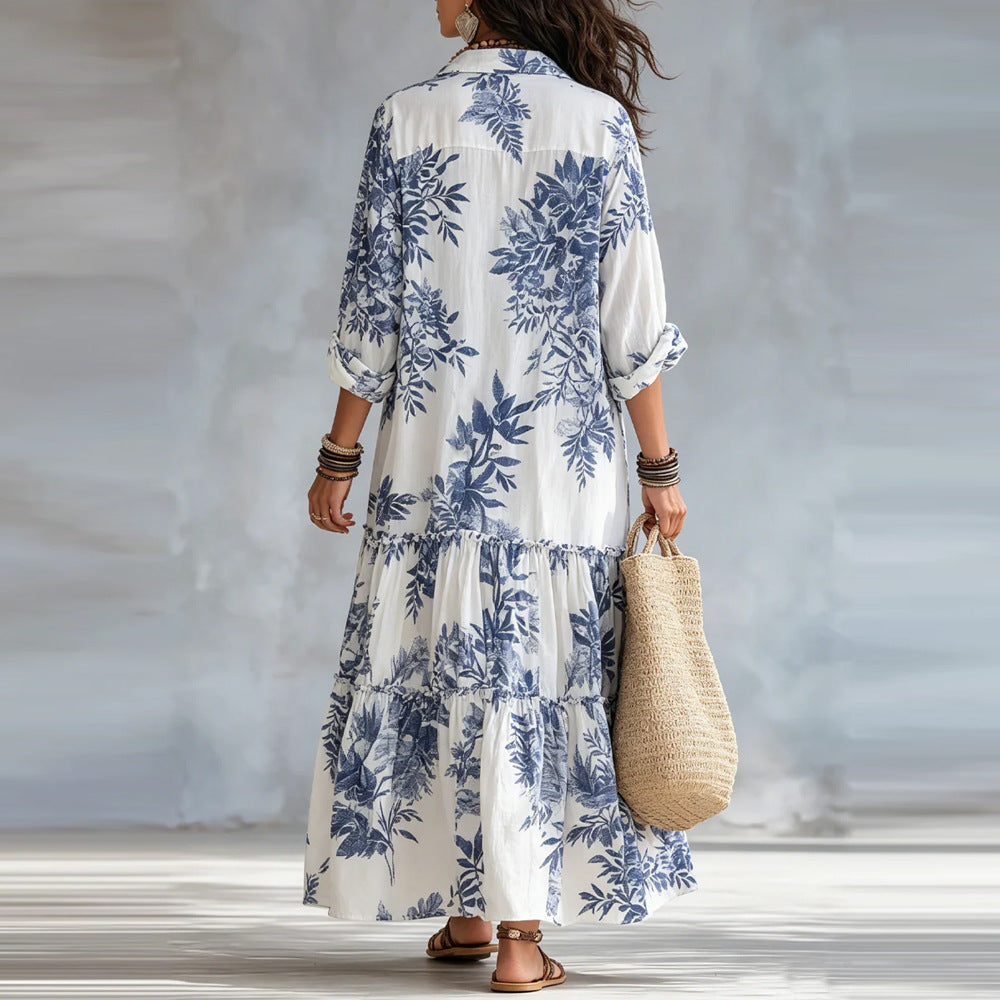 New Womens Casual Long-sleeve Lapel Dress