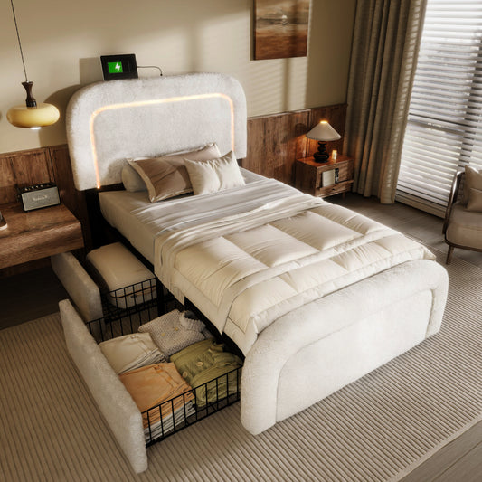 Bed Frame With USB Type-C Charging Function, LED Lighting And 2 Drawers, Single Bed, Upholstered Bed 90x200cm, Height-adjustable Headboard, Wooden Slatted Base, Sherp-White Without Mattress