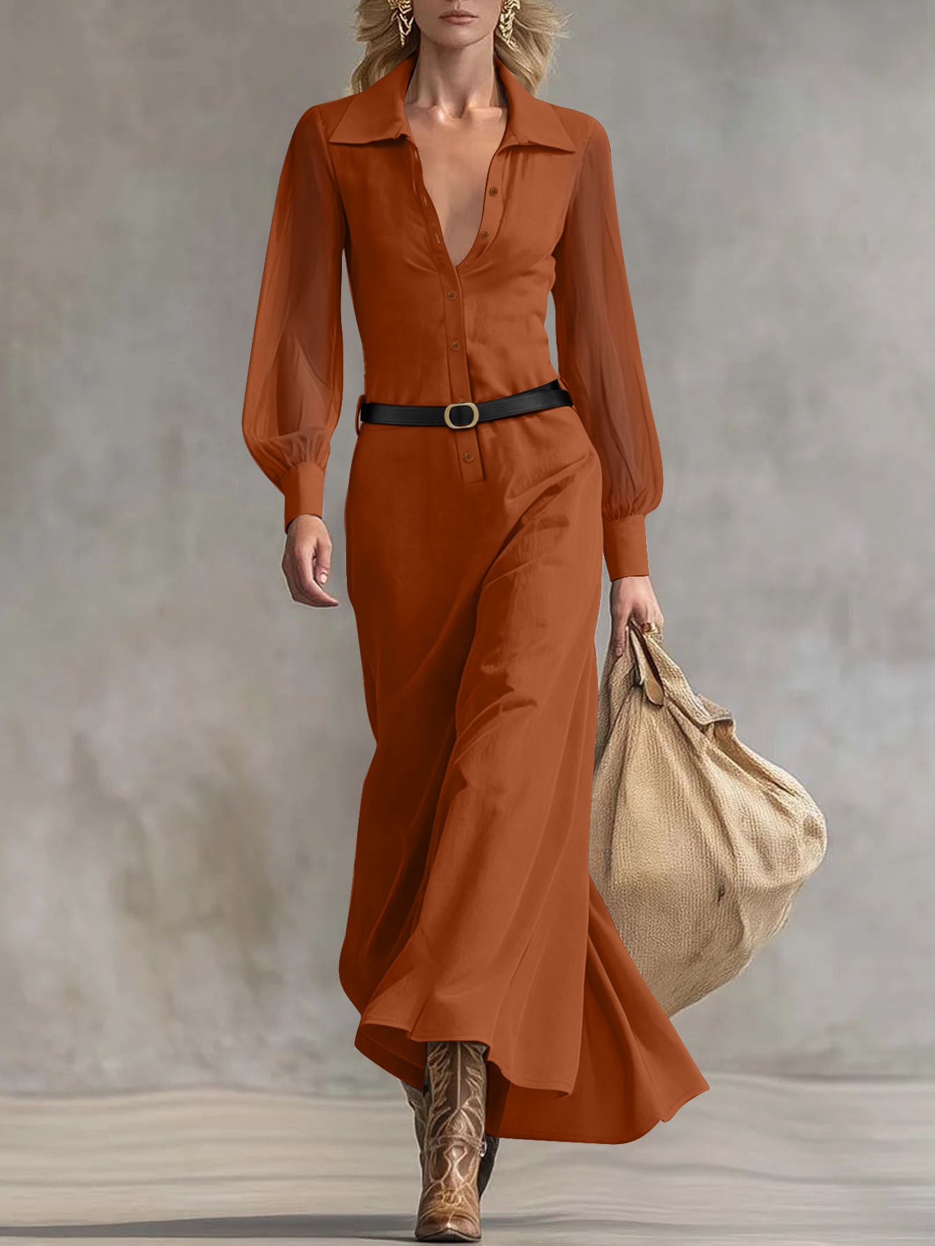 Women's Collared Neck Sheer Puff Sleeve Button Front Belted Maxi Shirt Dress Elegant Office Wear Maxi Dress