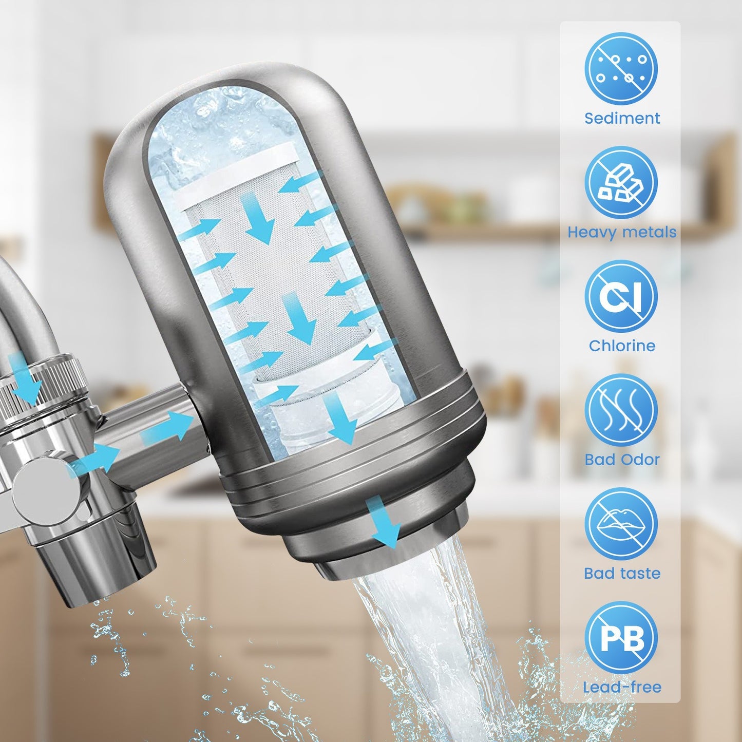 Stainless Steel Faucet Filter, Activated Carbon Filtration, Kitchen