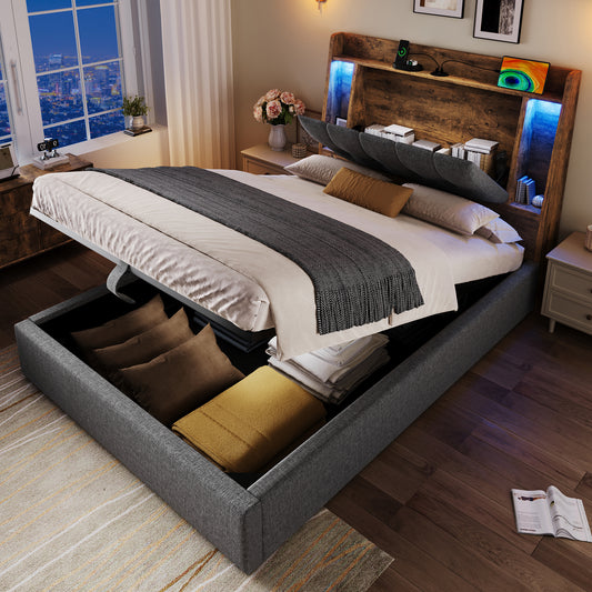 Upholstered Bed, 90x200 Cm, With USB Type-C Charging,Without Mattress,Flip-Top Storage Compartment, Multifunctional Storage, LED Lighting, Push-button Appdien,Linen, Grey