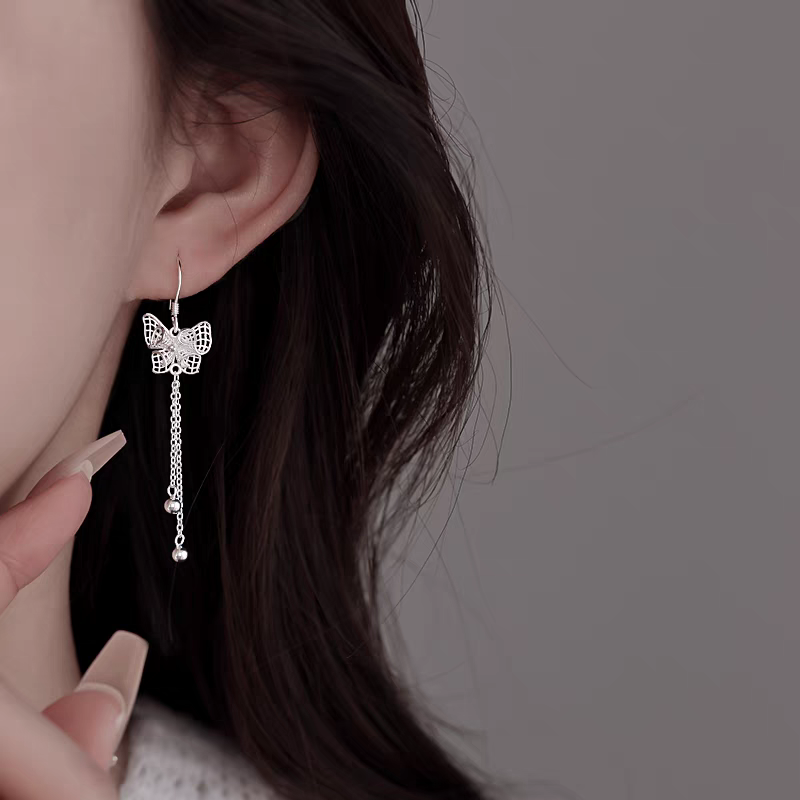 1 Pair 999 Sterling Silver Filigree Hollow Butterfly Long Tassel Drop Earrings, Elegant & Versatile, Perfect For Daily, Dating & Gifting, Ideal Valentine's Gift