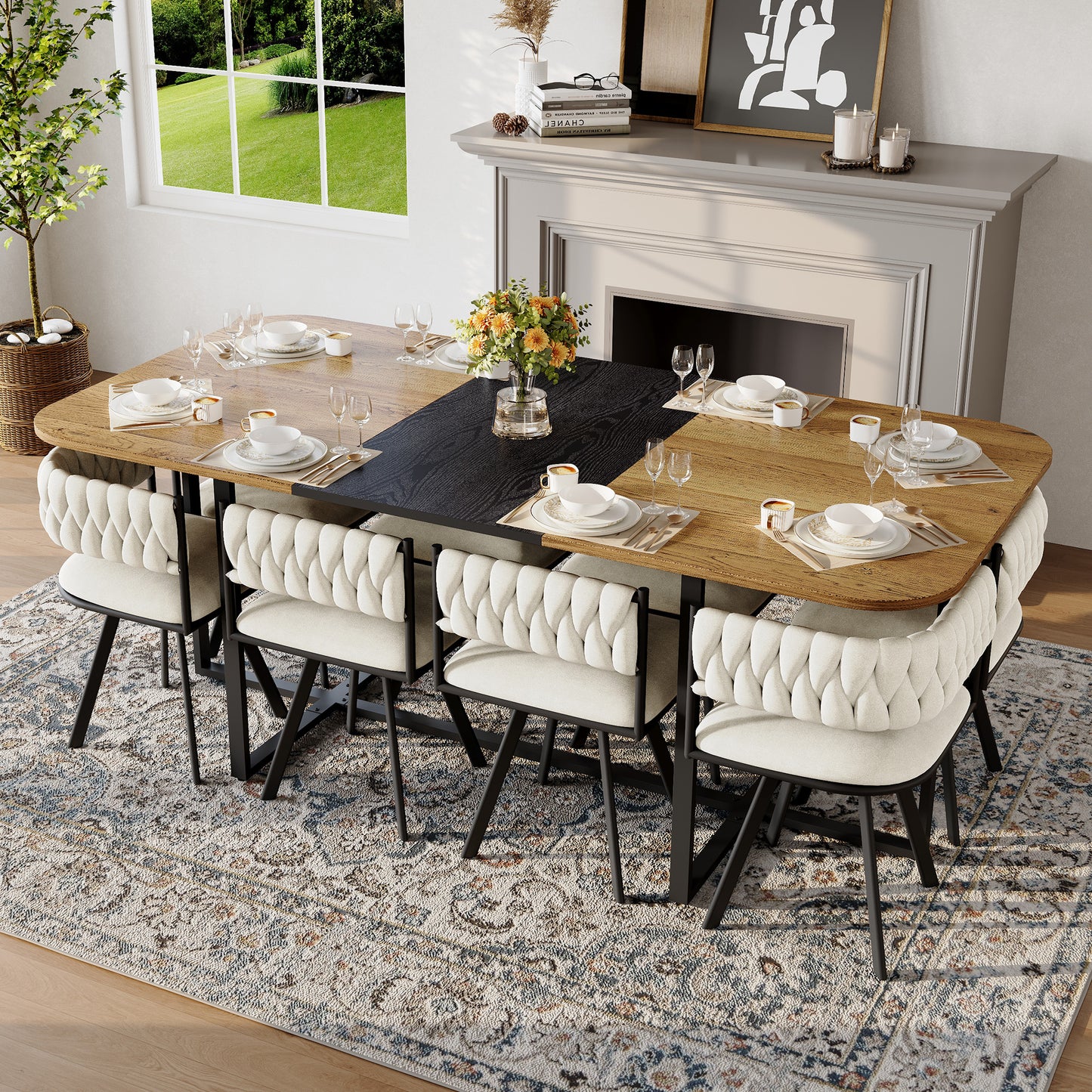 9-Piece Square Dining Table Set, Fixed Two-Tone Wood Grain & Black Wood Grain Triamine Tabletop With 8 Beige Velvet Chairs, Modern Kitchen Table Set For 8 People, Ideal For Family Gatherings