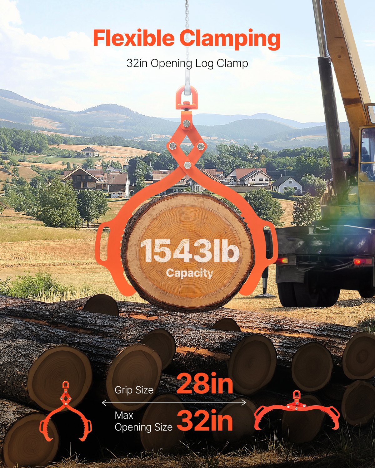 32in Log Lifting Tongs 2 Claw Solid Steel Log Grapple Swivel Log Tools