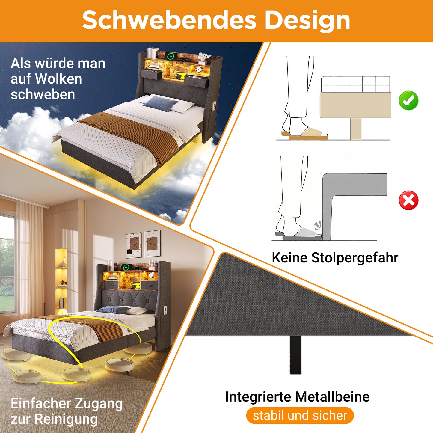 Upholstered Bed 140x200 Cm Floating Bed With LED Lighting, Headboard And Charging Station 1 Type-C, 3 USB Ports , Modern Double Bed With Storage Headboard And Slatted Base, Linen, Grey Without Mattres
