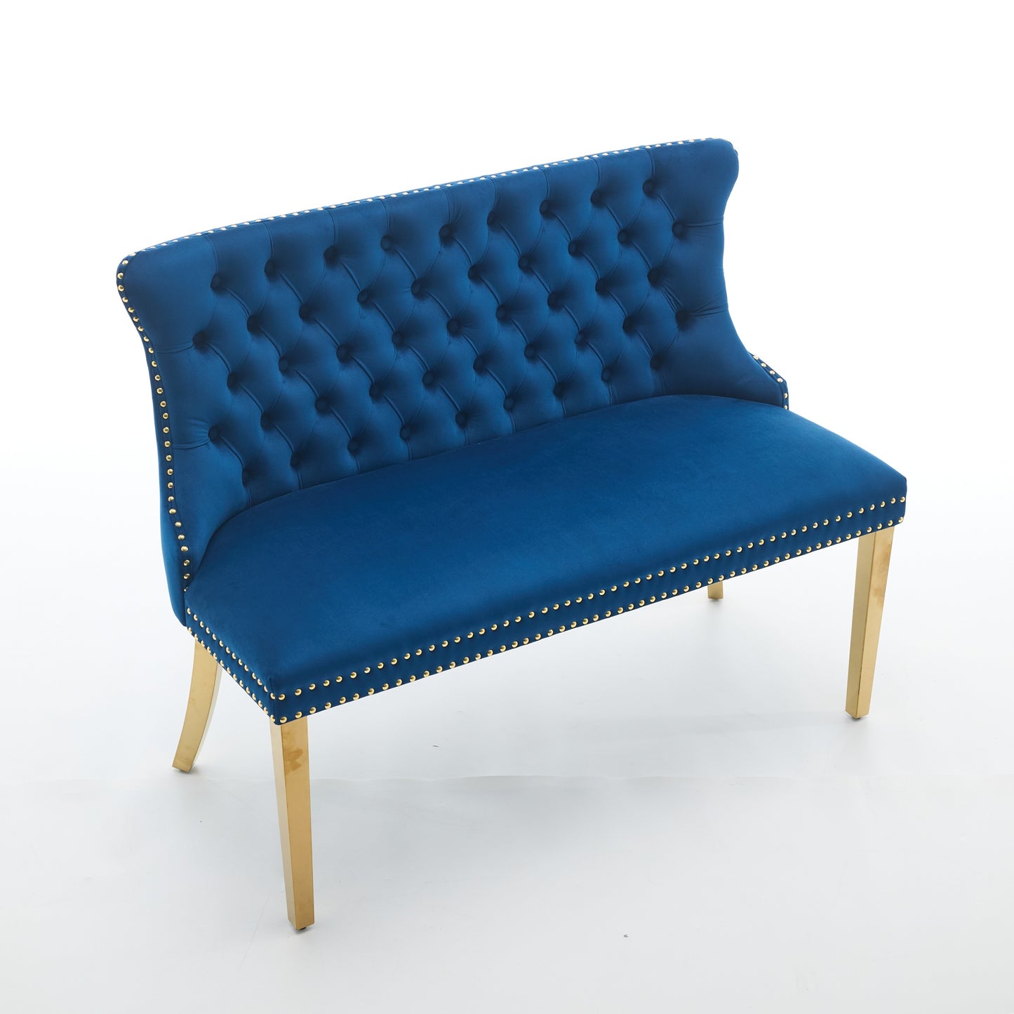 Velvet Double Dining Loveseat Bench, Kitchen & Dining Seating, 2-Seat Tufted Bench W Handmade Buttons, Wing Back, Gold-Plated Steel Legs, Mid Century Modern,Single Pack,Blue,SW1602BL