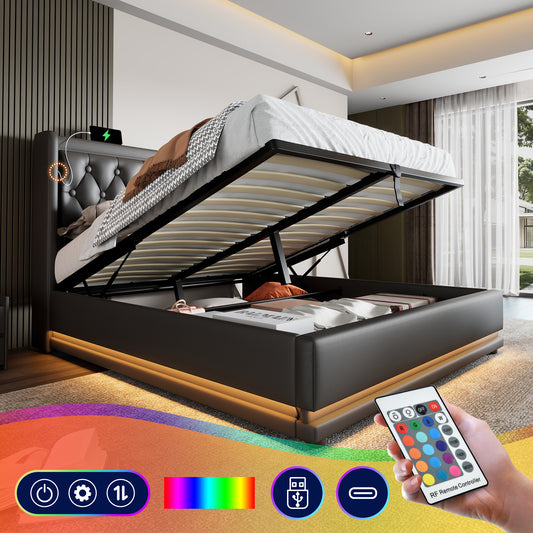 Upholstered Bed Double Bed 160x200 Cm,Black PU Material Hydraulic Storage Bed, Padded Headboard With USB Type-C Charging Function, 3-Sided LED Function Without Mattress