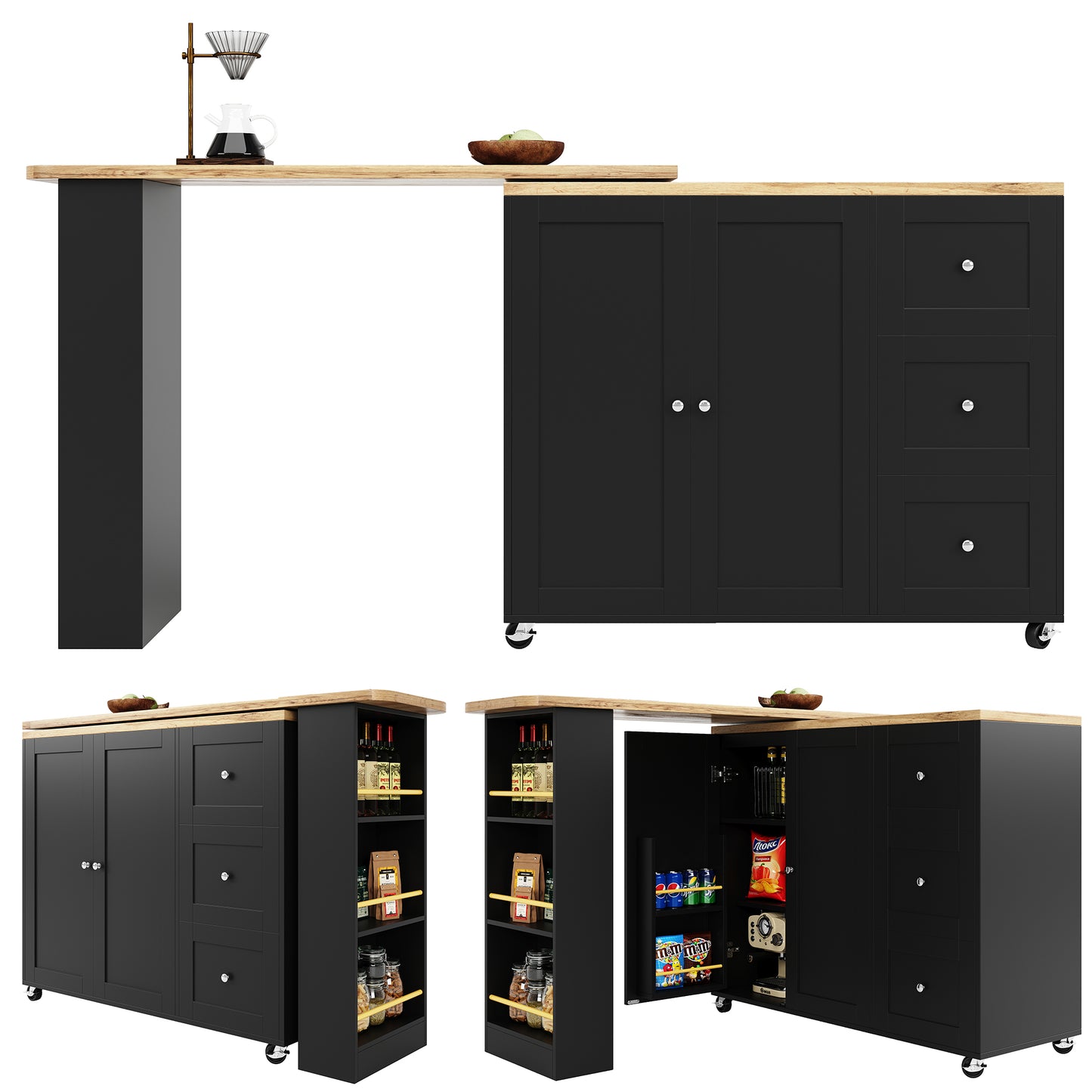 360 Swivel Bar Table  135-203 X 39 X 106 Cm  On Wheels, Black, With Three Drawers. Comes With Snack Holder. Multifunctional Storage Island, Suitable For Kitchen And Living Room