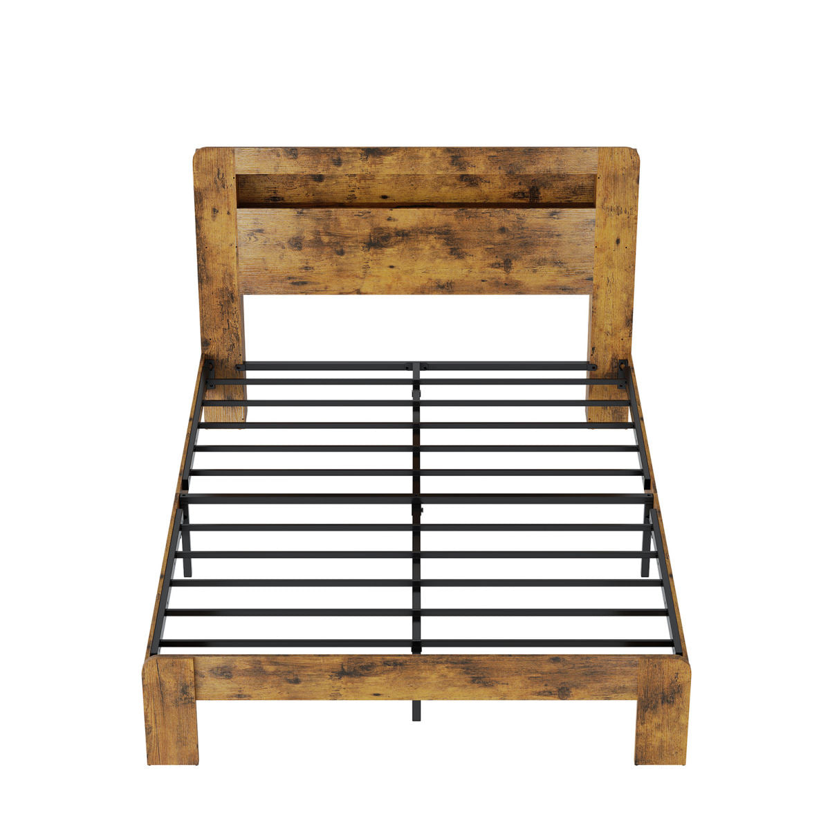 Queen Size Bed Frame With Storage Headboard Platform Bed Frame With Charging Station LED Light Easy Assembly No Box Spring Required Rustic Brown
