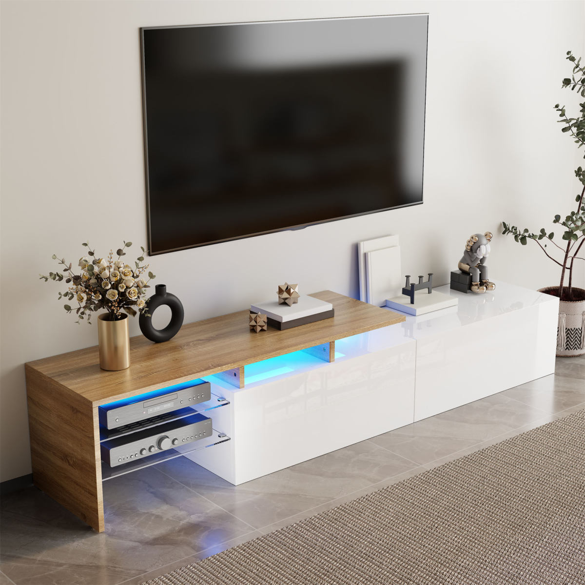 Modern TV Cabinet Design  Stylish And Elegant, Practical Storage Space, High-gloss White, Wood Look, Glass Shelves, LED Lighting
