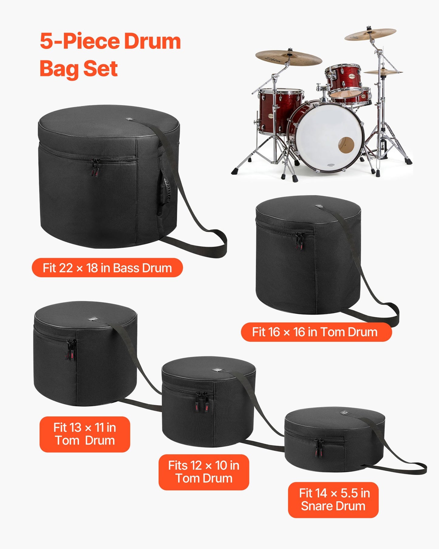 5-Piece Drum Case Set, 600D, Padded Drum Bags For 22 In Bass, 12/13/16 In Tom, 14 In Snare, Thick Padding, Lightweight Protective Covers Travel Storage Cases, For Drums Accessories Protection