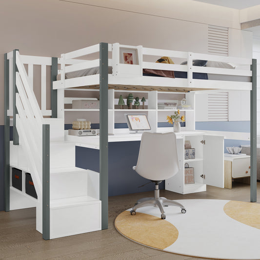 Half-high Bed, With Fabric Storage Box, Ample Storage Space, With Side Ladder, Open Shelf, Youth Bed With Desk And Lockers, Pine MDF, White Grey, 90x200cm