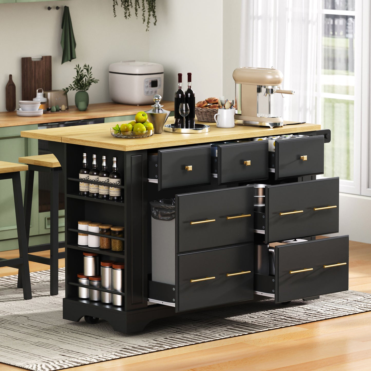 K&K Kitchen Island With 6 Drawers, Pull Out Trash Can Storage, Rolling Kitchen Island On 5 Wheels With Drop Leaf, Power Outlet, 5 Open Side Racks For Kitchen, Dining Room, Black