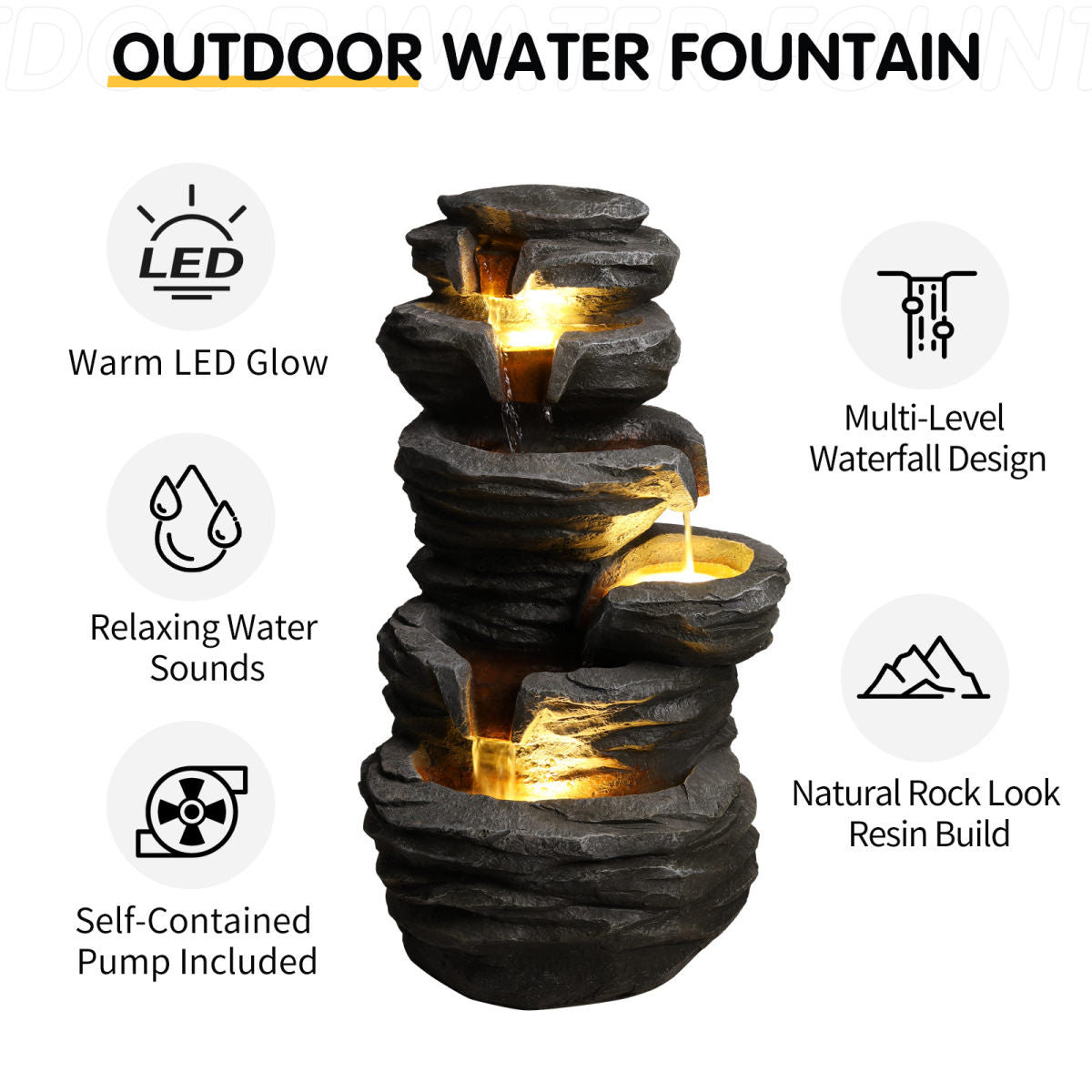 Outdoor Waterfall Fountain With Lights Stacked Rock Cascading Water Feature Resin Garden Decor For Patio Yard Porch Landscape