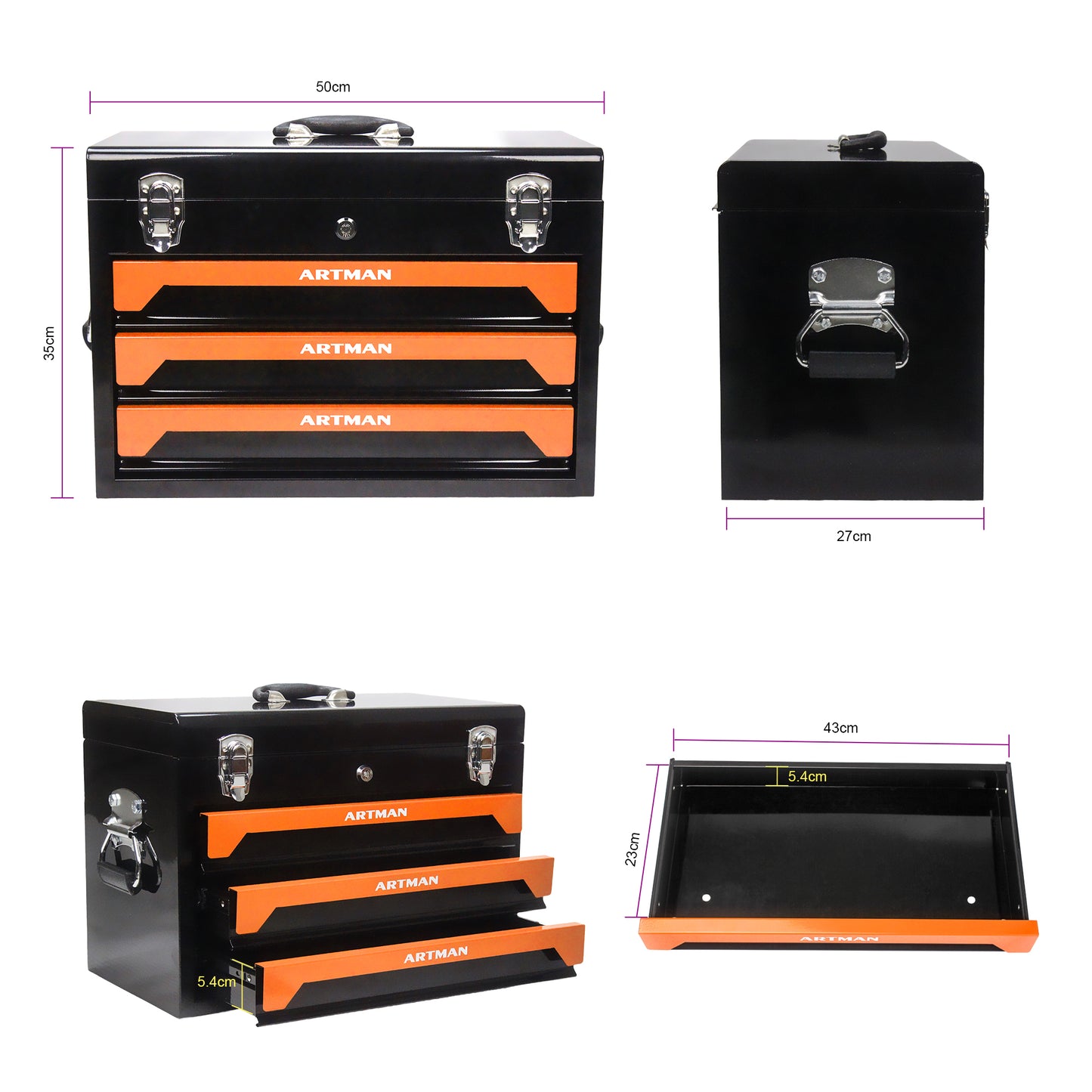 20in Portable Three-layer Clay Box, Four-tier Tools, Metal Latches, Top Cargo Space And Other Accessories. They Are Suitable For Garages, Apartment Or Work Table, Black & Orange  BLACK&Orang
