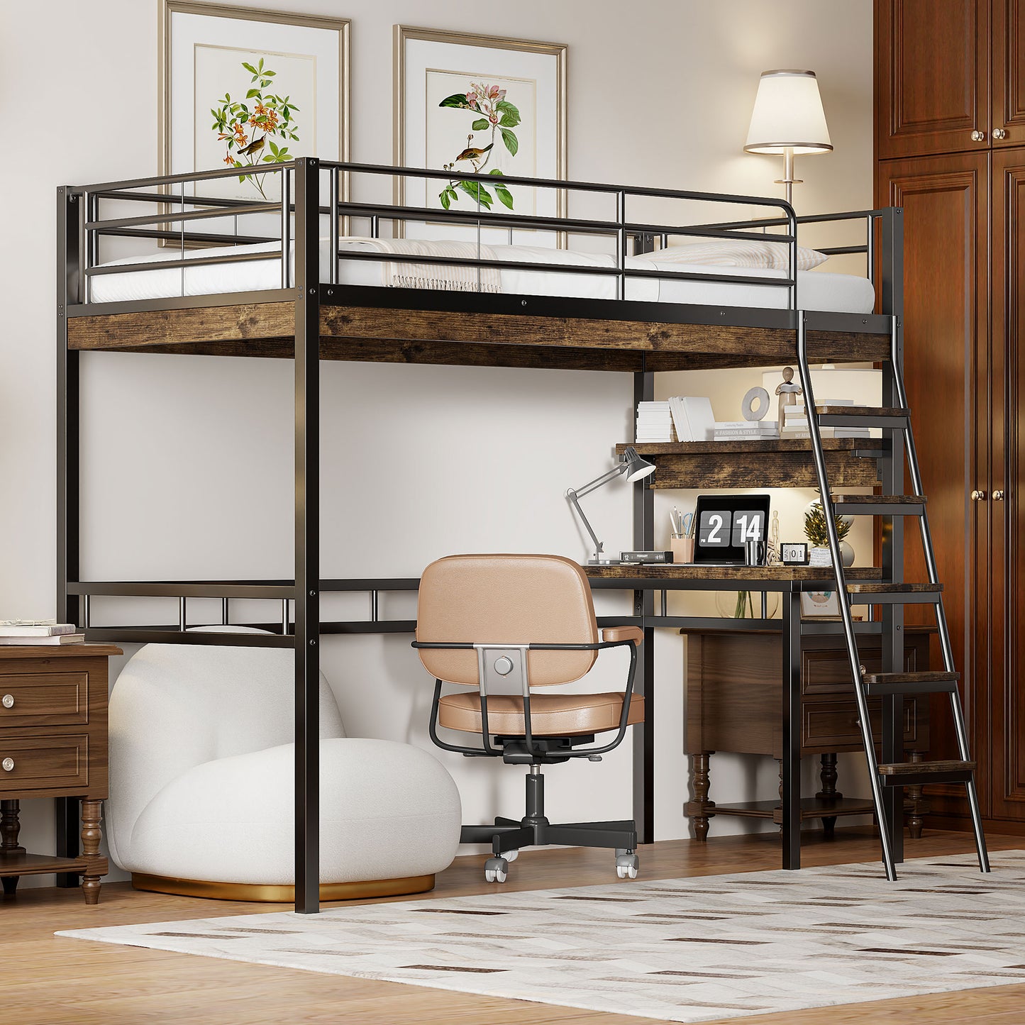 Loft Bed, 90X200cm , Without Mattress, Bed With Desk, Shelves, Railings, Ladder, Iron Frame, Black