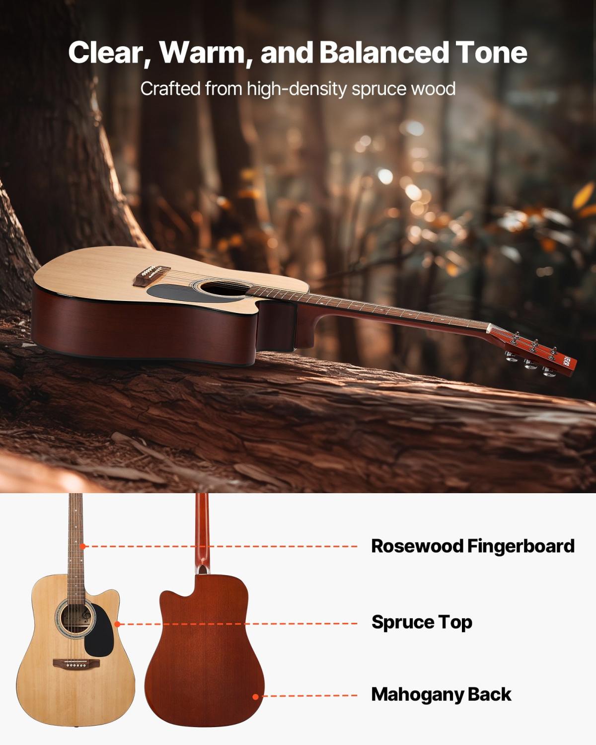 Cutway Acoustic Guitar, 41 In, 6-String, Natural Solid Spruce Top Guitar, Beginner Bundle With Gig Bag, Tuner, Strap, Steel Strings, Picks, Capo, Rosewood Fingerboard, For Fingerstyle Solo Jazz