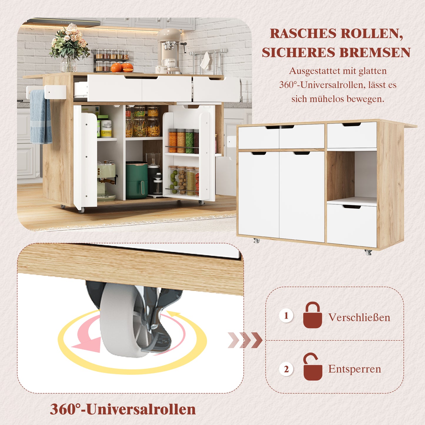 Modern Serving Trolley With 360 Swivel Castors.Intelligent Layout With Drawers, Cupboard Doors And Open Compartments.Flush Handles And Robust Construction   Ideal For Kitchen, Living Room