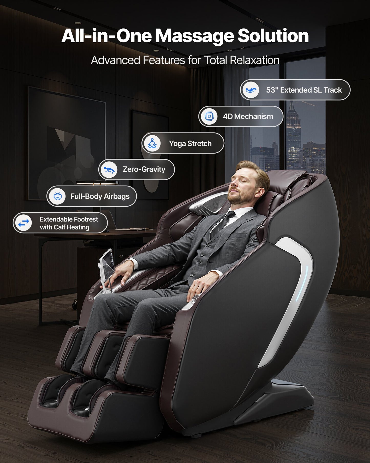 Massagesessel Ganzkörpermassagesessel Zero Gravity Mit SL-Schiene & Yoga-Stretch-Modus, Relaxsessel Mit Heizung & Einziehbarem Pedal & 36 Airbags & LCD-Bildschirm Massagestuhl 4D-Massage