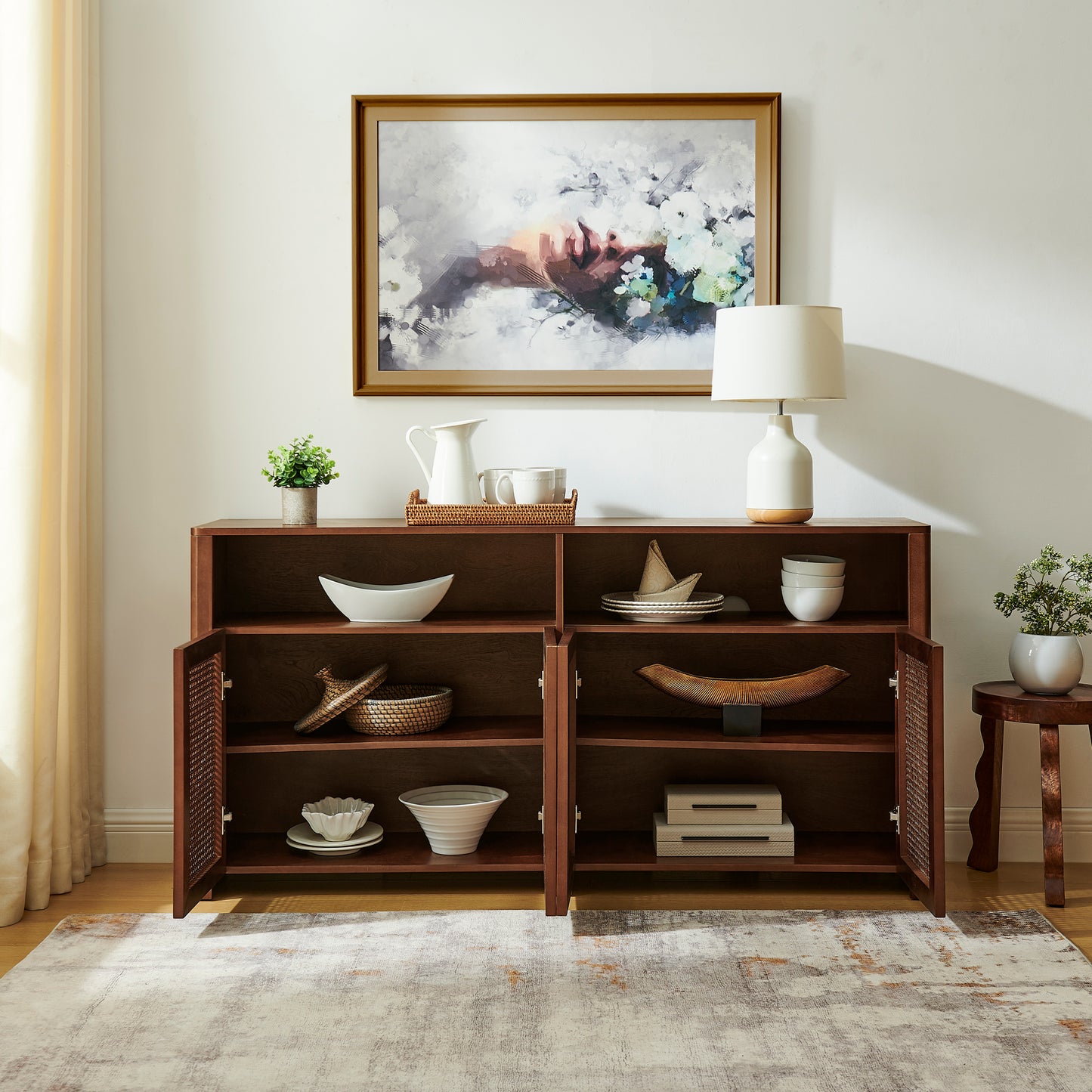 63  Mid Century Modern Rattan Sideboard Buffet Cabinet With Storage, Retro Coffee Bar Wine Bar Credenza, Large Media Console Table For Living Room Entryway Kitchen, Walnut