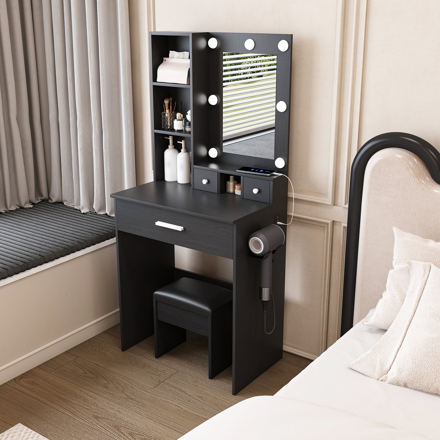 Vanity Table With Mirror & Adjustable LED Lights, Power Outlet, Hairdryer Holder & Stool -Compact Dressing Desk For Small Bedrooms Black