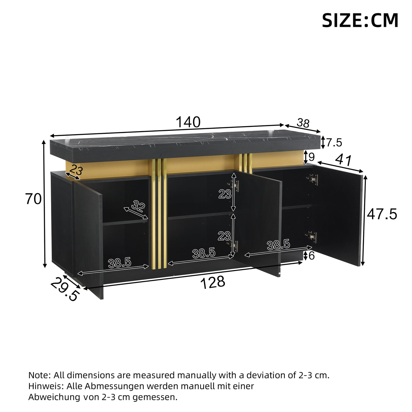 140x38x70cm Modern Black Sideboard Display, 3 Doors, Dining Room Cabinet With Adjustable Dividers, Perfect For Kitchen, Living Room, Dining Room, Hallway,Black And Gol, Wide Handleless Lockers
