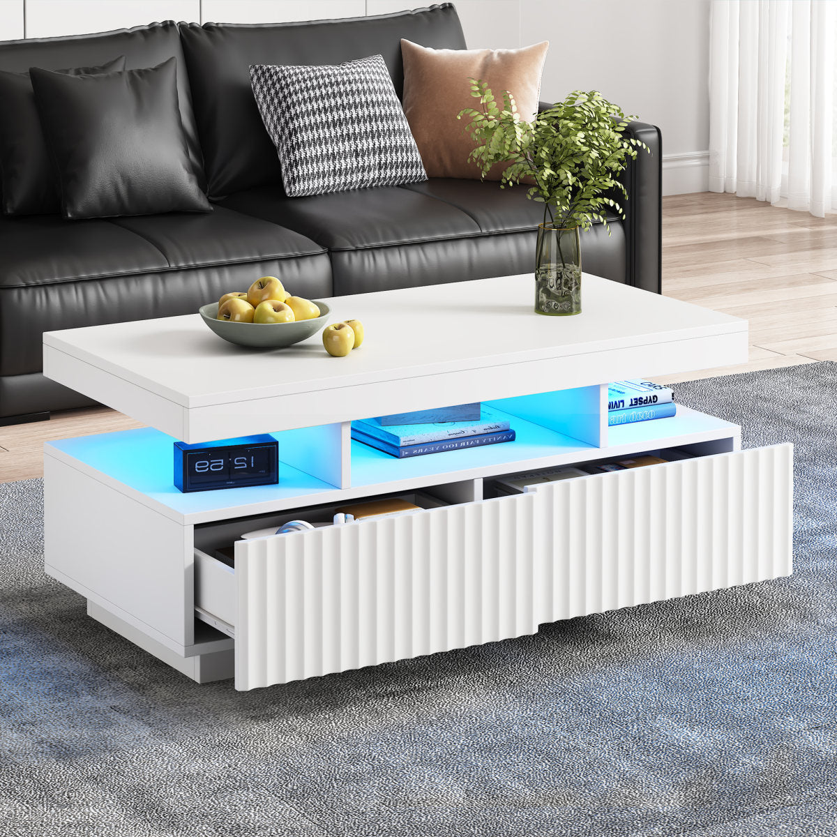 100 X 50 X 45 Cm Large Coffee Table With Two Drawers,Vertical Striped, Vacuum Molded Tea Table, Living Room Table,Coffee Table With LED Light Bar,White