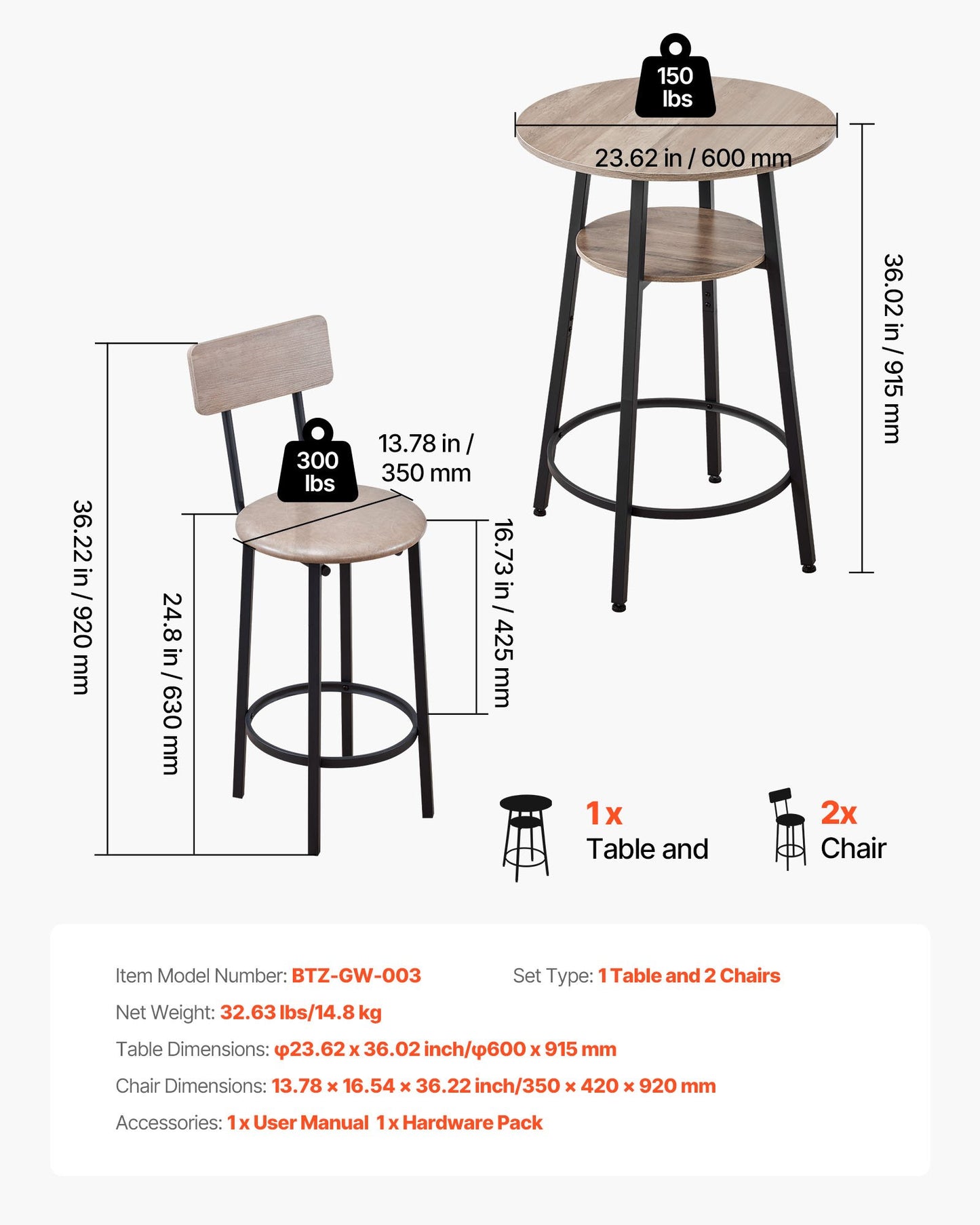 Bar Table, 3PCS 23.5″ Bars Tables Set, Bar Tables And Chair Set With Rounded Corner Design, Round Pub Table With Two Stools For Office Desk, Breakfast Corner, Mini Bars, Light Gray, Black