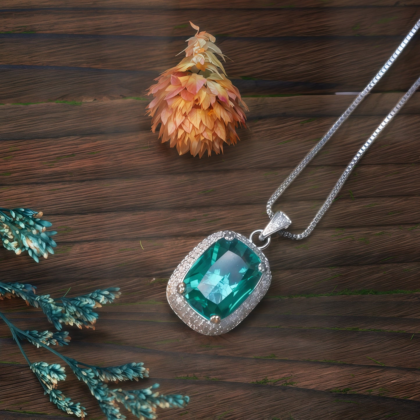 Cushion Cut Emerald Green CZ Halo Pendant Necklace For Women, Copper Plated Silver White Cubic Zirconia Halo Statement Wedding Bridal Jewelry Gift