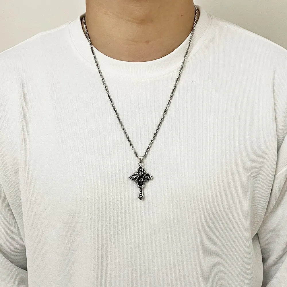 1pcs Vintage Twisted Chain Snake Wrapped Cross Pendant Necklace, Dark Punk Gothic Style, For Men Street Biker Party Wear & Male Holiday Gifts