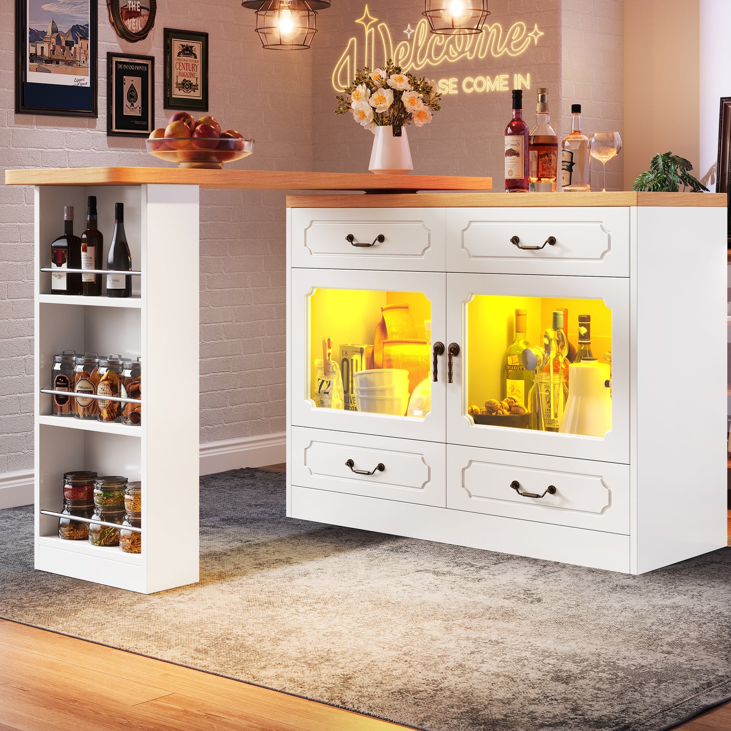 360 Rotating Kitchen Island Bar Table With App Controlled LED Lights, Buffet Sideboard With 4 Drawers & Glass Cabinet, Multifunctional Dining Work Desk For Living Room & Kitchen