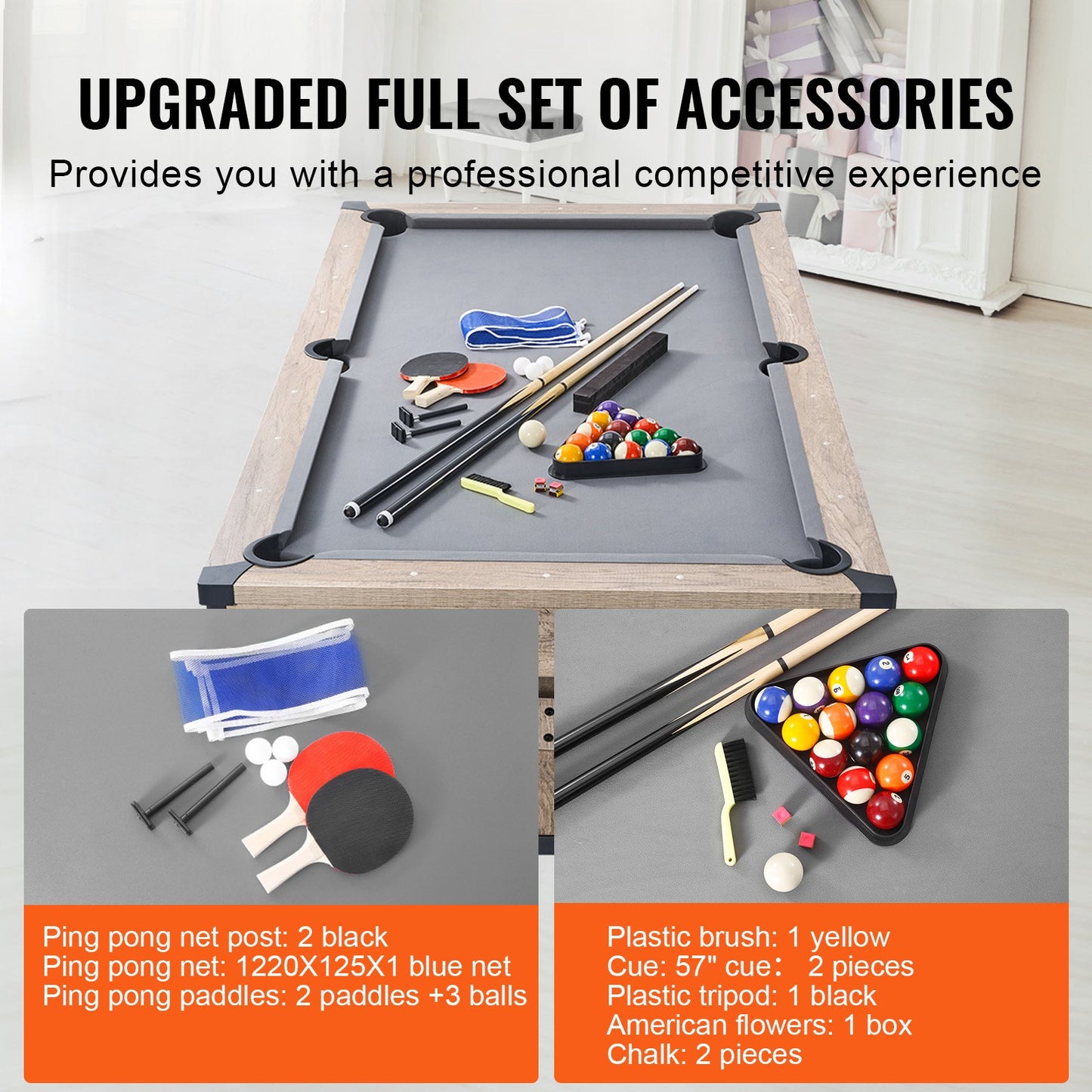 Billiards Table Combo Set, 7ft 3-in-1 Multi Game Table With Dining, Pool, And Tennis Table, Includes Full Set Of Accessories, Wood Color With Grey Cloth, Perfect For Family Game Room Kids Adults
