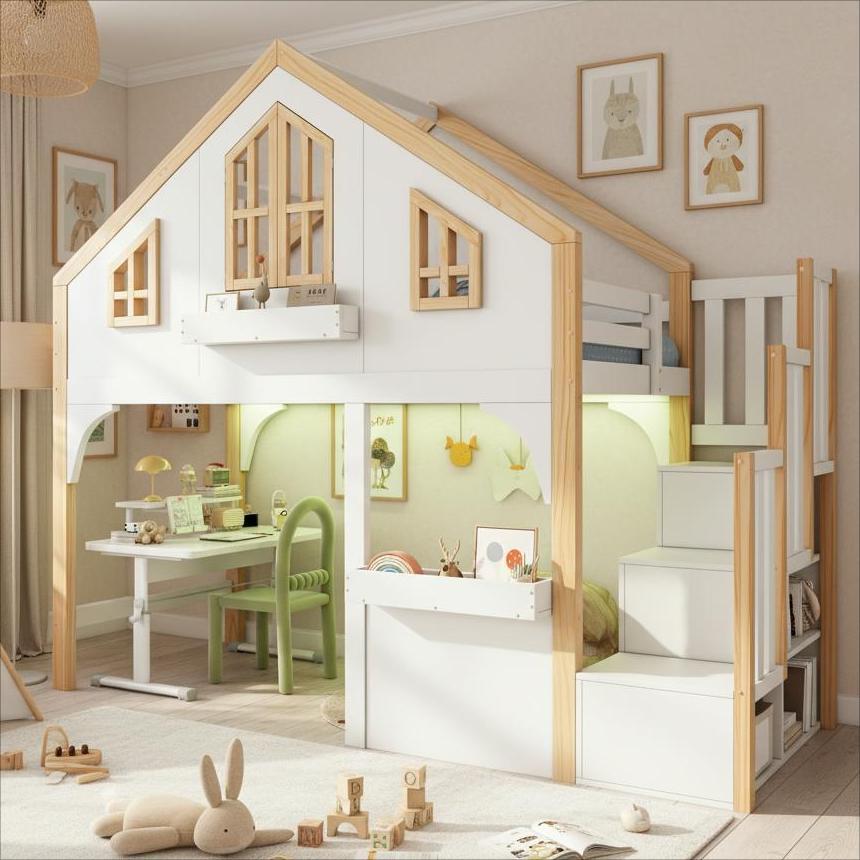 Bunk Bed, Loft Bed, Children's Bed, Wooden Bed, House Bed 3ft-90x190cm With LED Lighting And Storage Stairs, Window-shaped, White  Natural Color