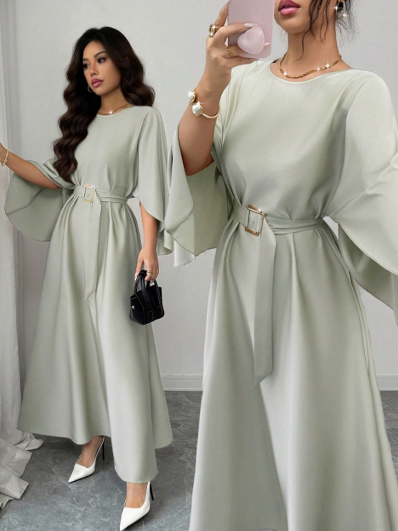 Womens Fashion Round-Neck Defined-Waistline Lace-Up Dress