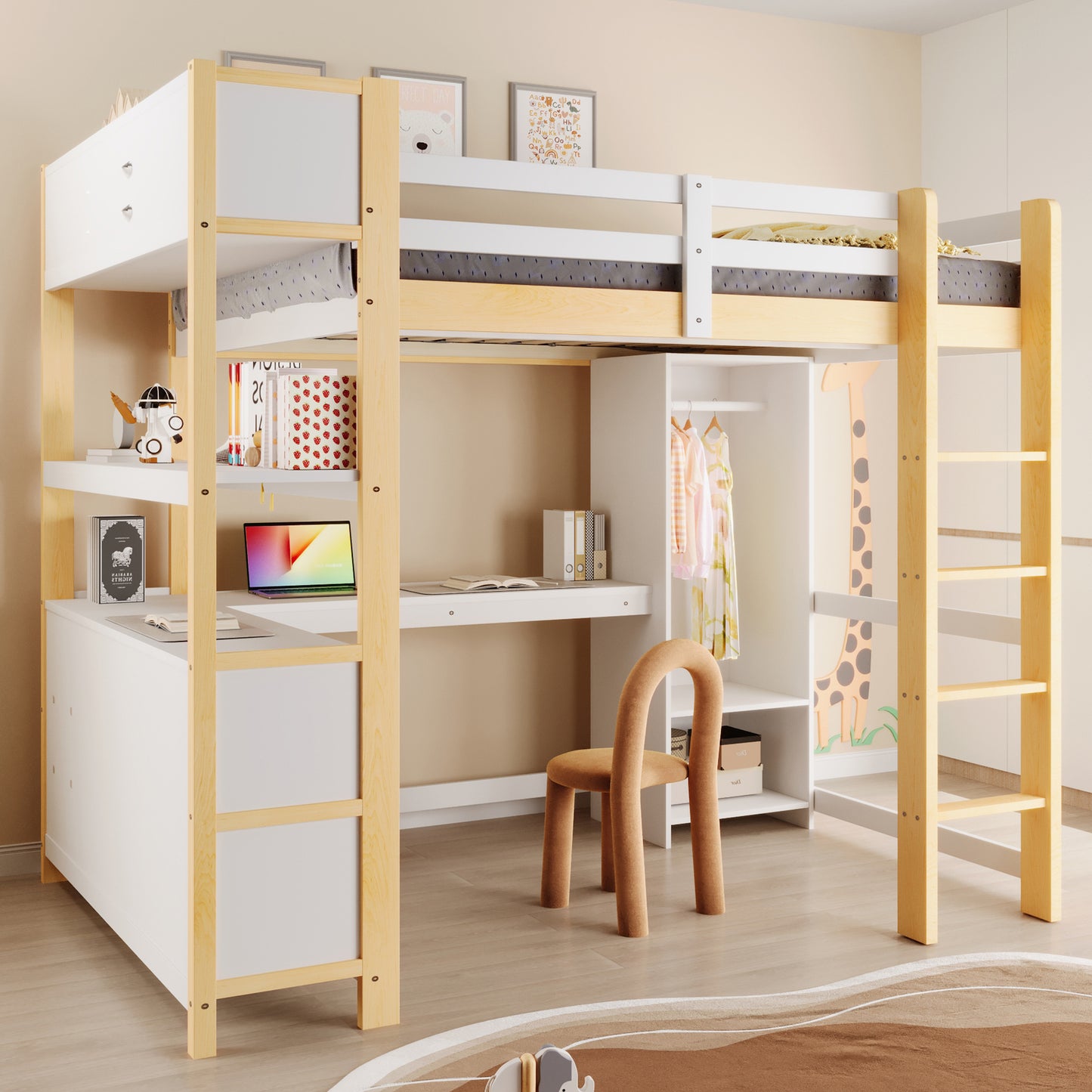 Loft Bed, 140x200 Cm, Shelves, Several Storage Compartments, Desk, Wardrobe, Without Mattress, Natural