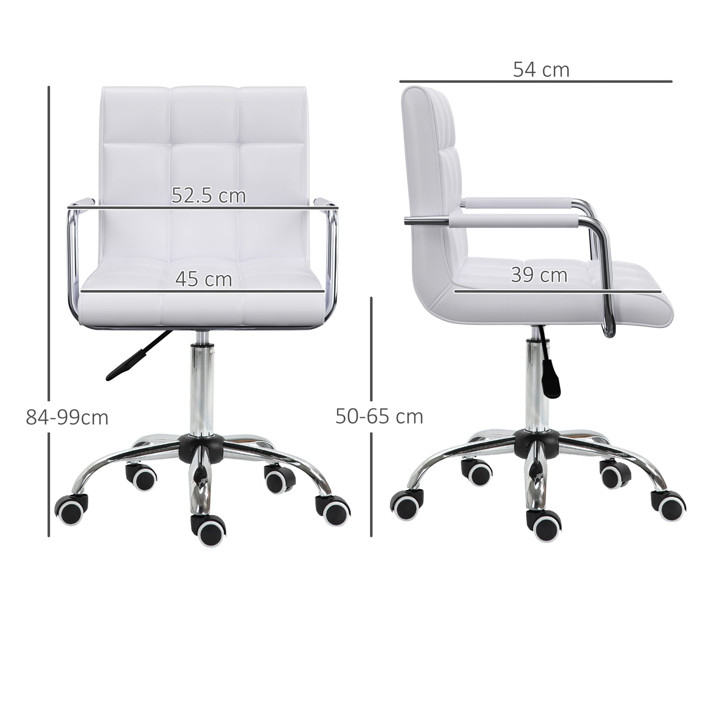 Vinsetto Makeup Vanity Chair, PU Leather Mid Back Office Chair With Adjustable Height, Armrest And Rolling Wheels, White