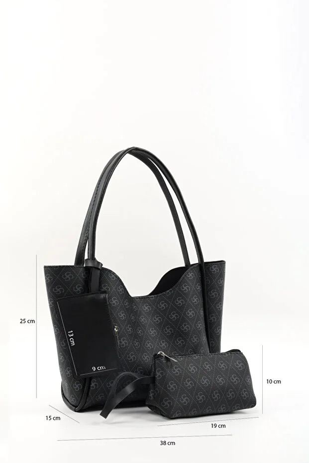 Monogram Black SHK108 Faux Leather Women Hand And Shoulder Bag With Wallet And Makeup Bag
