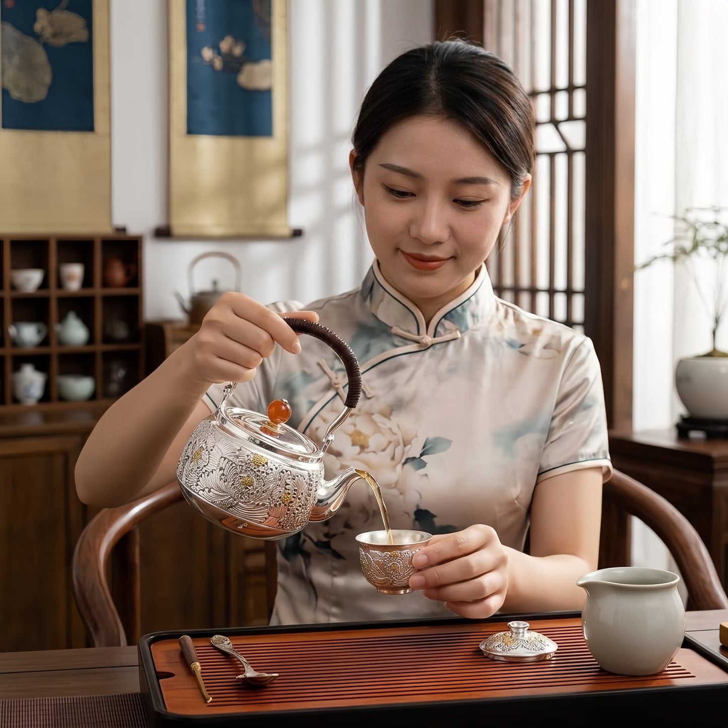 925 Sterling Silver Handcrafted Silver Tea Kettle with Intricate Floral Engravings and Red Gemstone Finial - Handicraft
