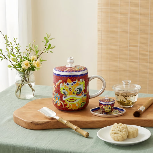 925 Sterling Silver Chinese Lion Dance Themed Ceramic Mug with  Accents-Premium Indigo Tea Mug - Handicraft