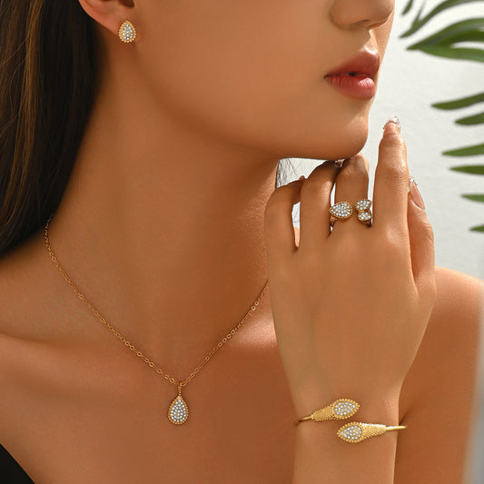 Cross-Border European And American Jewelry Set For Women, Personalized Water Drop Zircon Design Necklace, Versatile Open Bracelet, Light Luxury Hand Accessories
