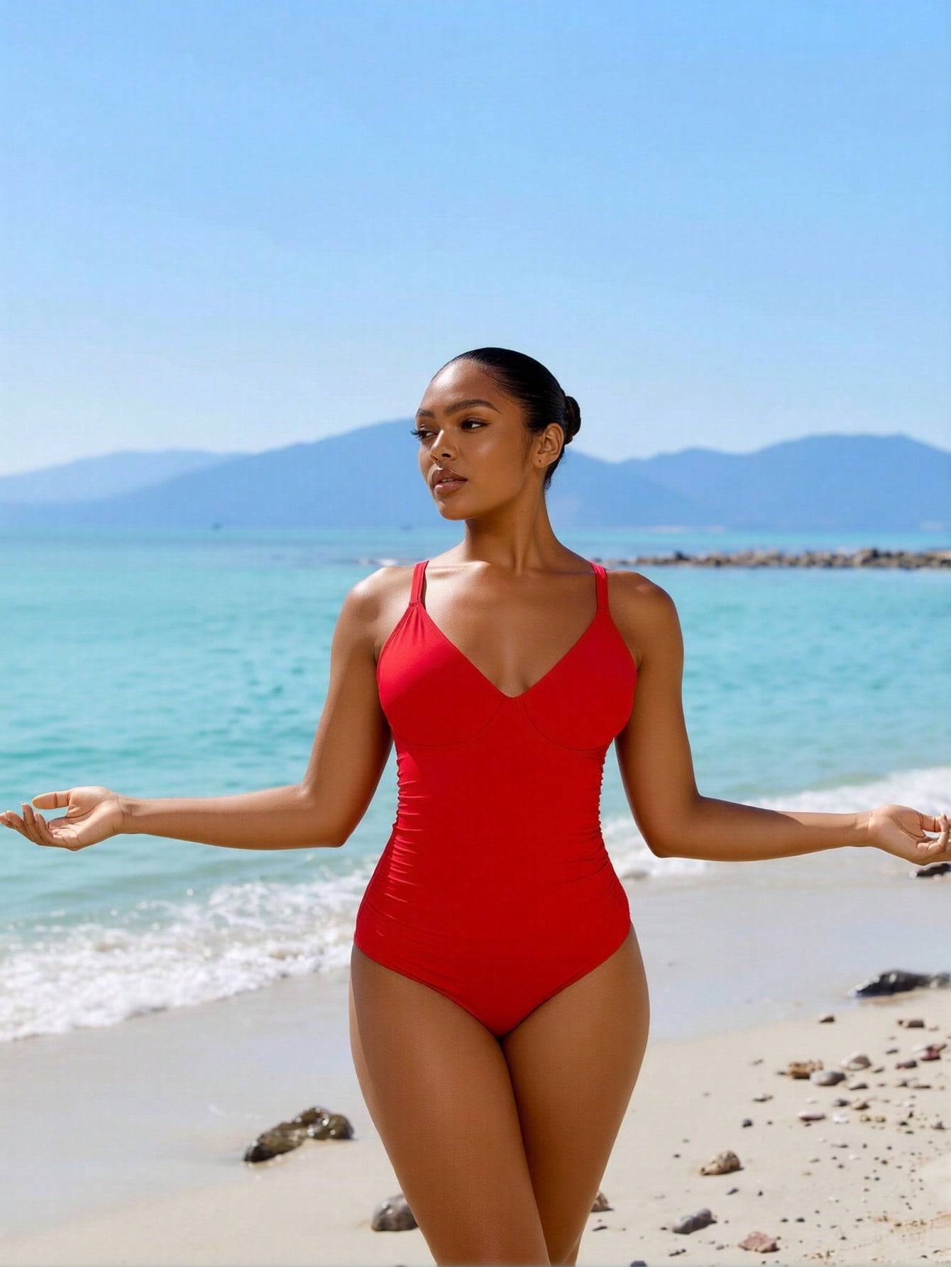2026 New Women's One-Piece Swimsuit Vibrant Red With Deep V-Neck, Ruched Tummy Control And Thin Shoulder Straps