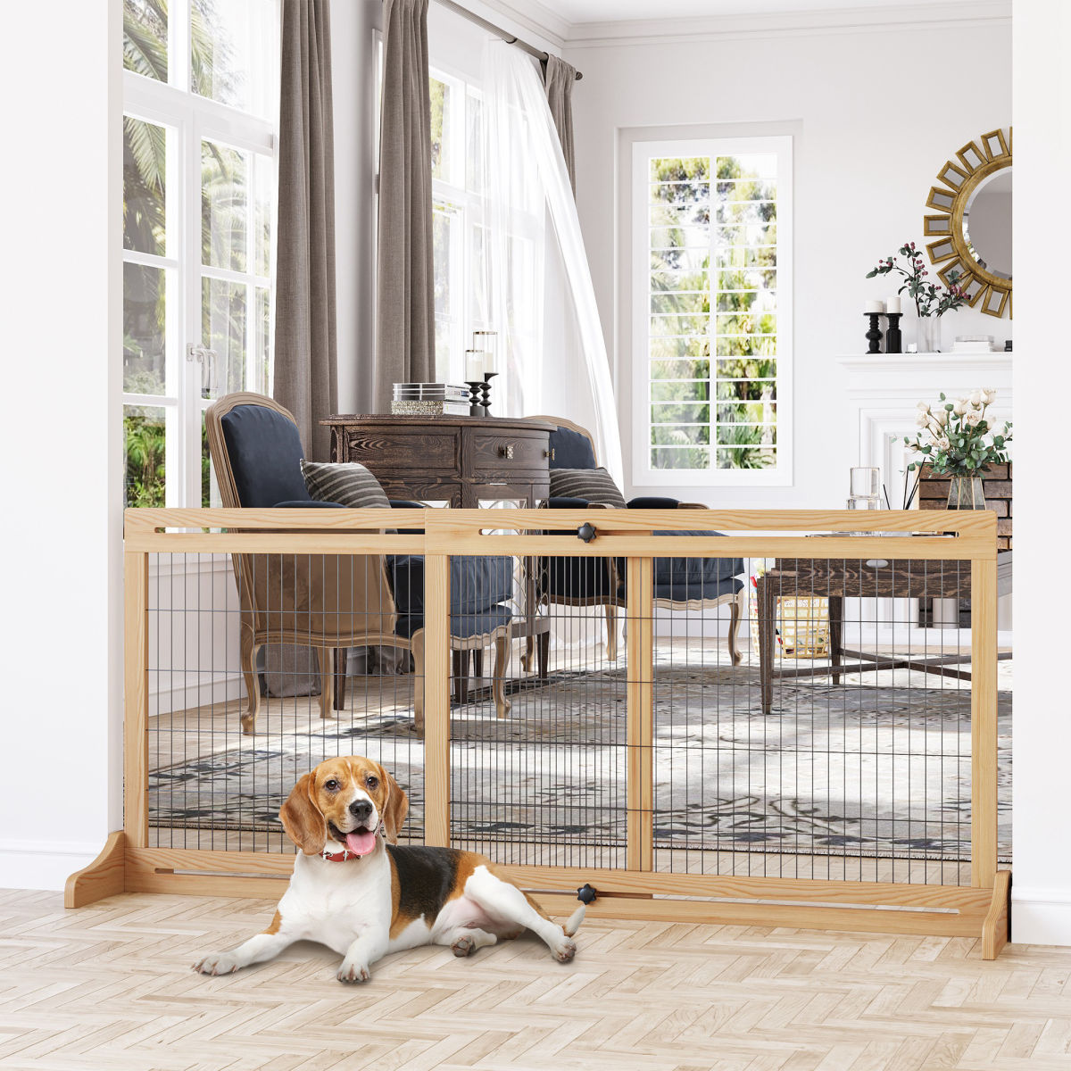 71" W x 27" H Extra Wide Freestanding Pet Gate with Adjustable Length Dog, Cat, Barrier for House, Doorway, Hallway, Natural