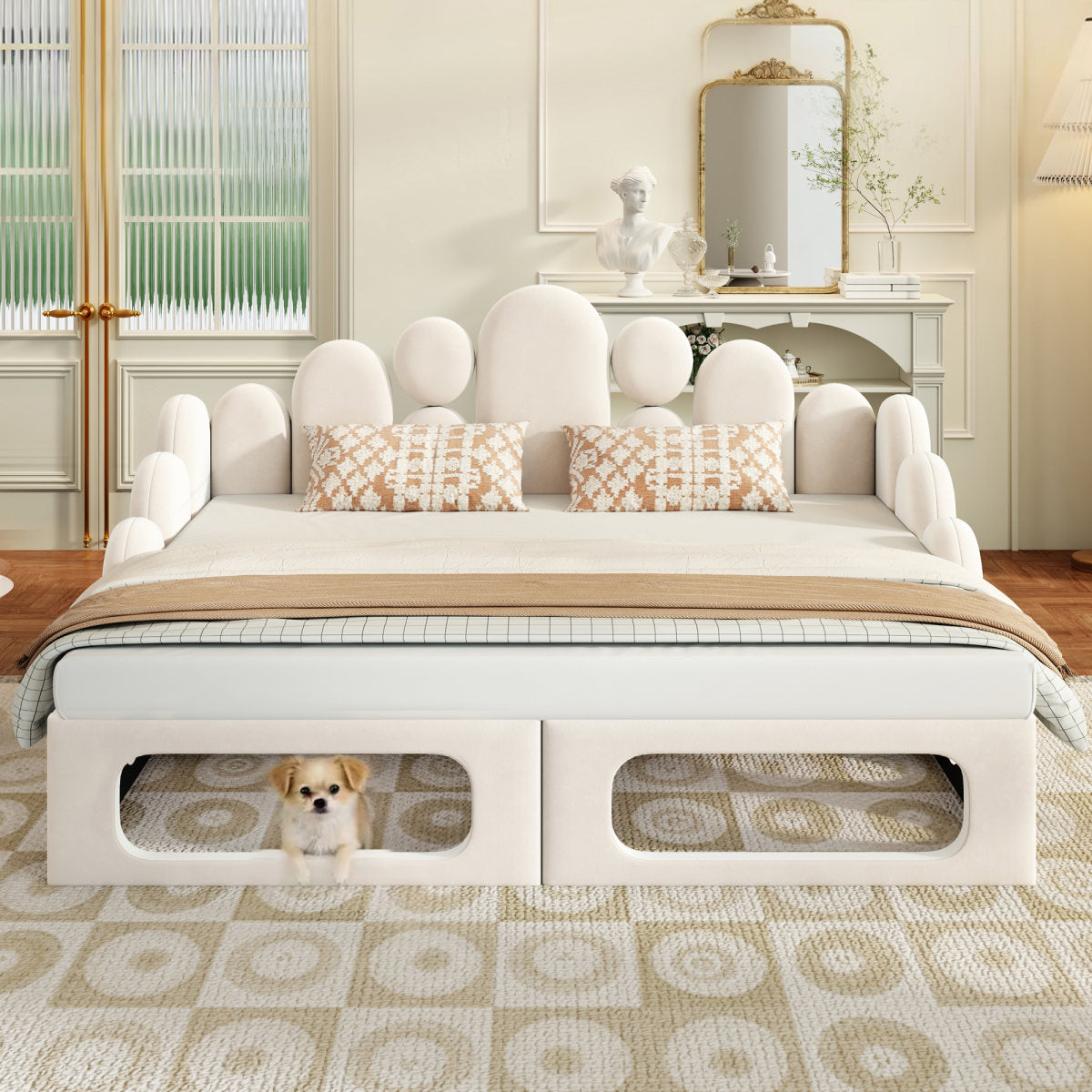 Upholstered Sofa Bed With Pet Bed, 2-in-1 Multifunctional Upholstered Bed 180x200cm, Upholstered Bed With Soft Velvet Fabric, Slatted Base And Backrest, Beige.